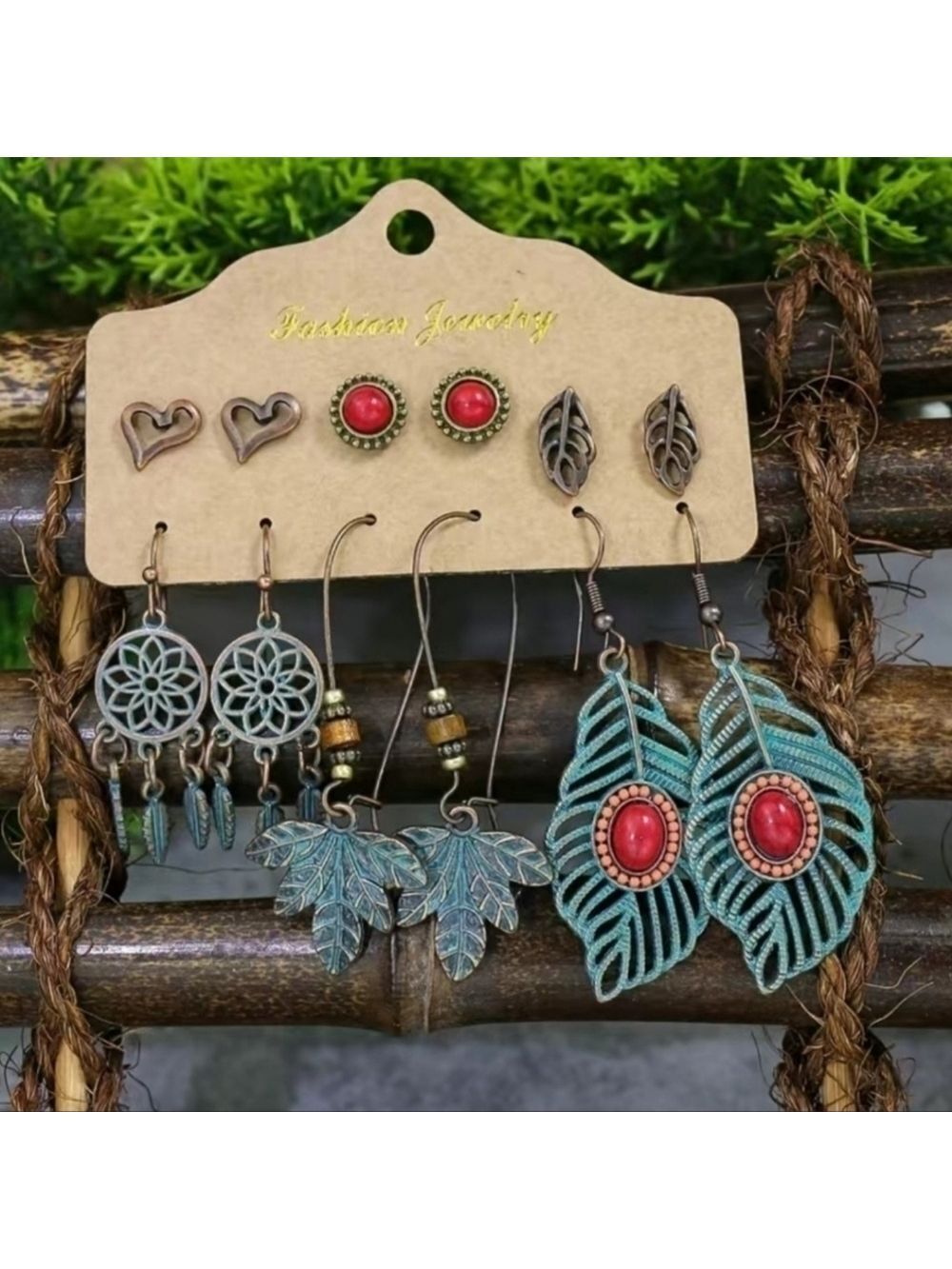 Earrings Set of Six Boho Dream Catcher Leafs Hearts